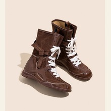 复古百搭磨砂皮拳击靴女绑带侧拉链外穿登山德训马丁靴子机车靴