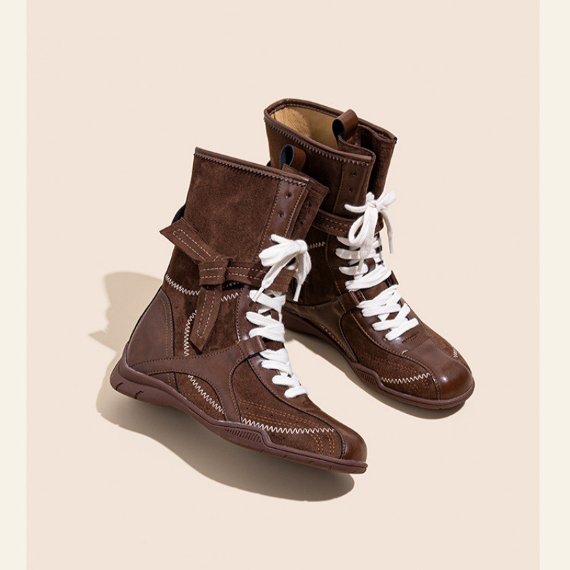 复古百搭磨砂皮拳击靴女绑带侧拉链外穿登山德训马丁靴子机车靴