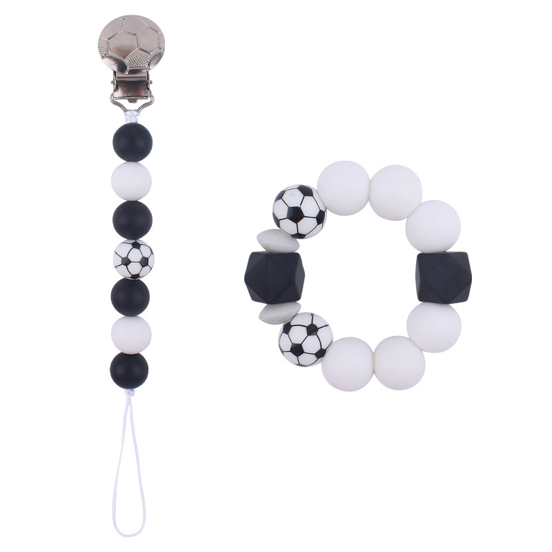 Bebé DIY creativo fútbol patrón chupete clip de dibujos animados fútbol cuentas de silicona chupete cadena mordedor traje de dos piezas conjunto