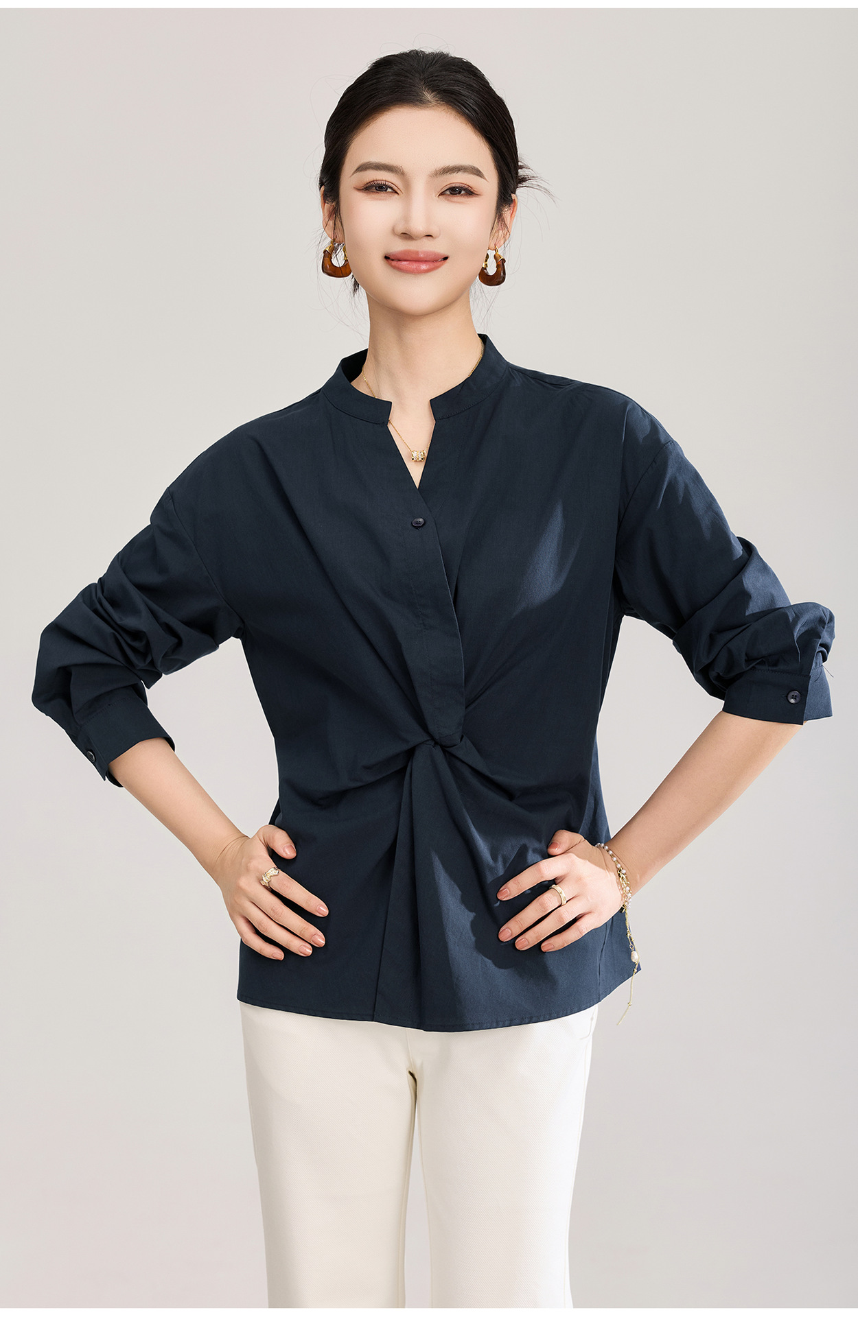 Áo sơ mi nữ dài tay chất lụa tencel phối xoắn thanh lịch — xanh lam chi tiết 2