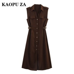 KAOPU ZA 2025 春の新作ヨーロッパとアメリカンスタイルの女性のノースリーブミディシャツドレスファッショナブルな通勤スタイル