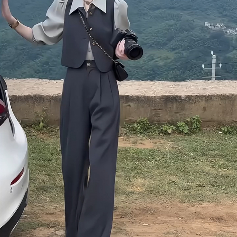 小个子减龄气质套装女2025春季新款长袖衬衫马甲长裤显瘦三件套|undefined