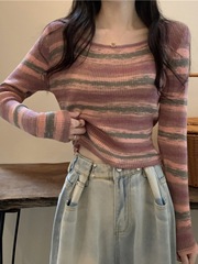 正肩条纹低领内搭针织打底衫女秋冬新款大码胖mm小众长袖显瘦上衣