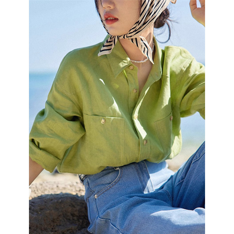 French Retro Green Shirt Women's Early Spring New Summer Sunscreen Cotton Linen Shirt Casual Elegant Coat Women's Top
