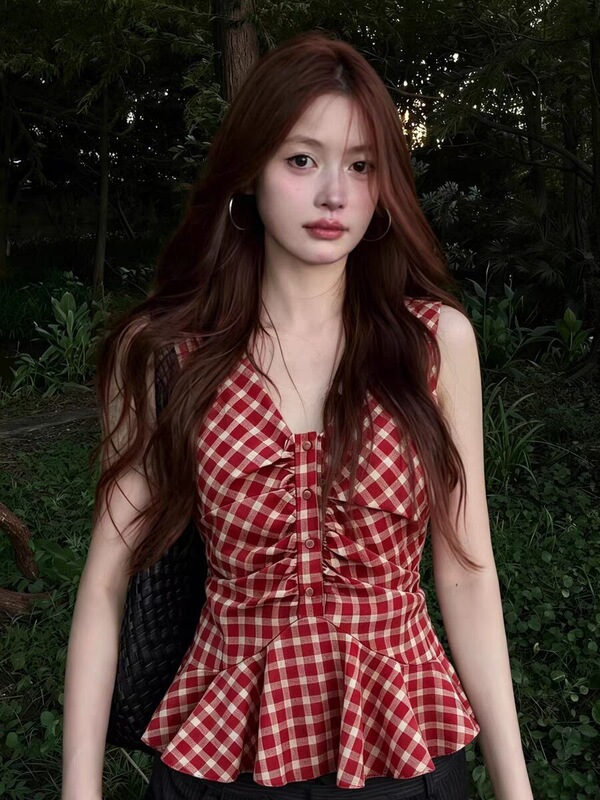 [Original Fabric Craftsmanship + Invisible Zipper] Sweet and Unique Red Plaid V-Neck Design Vest for Women