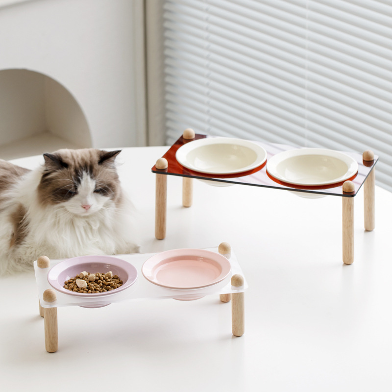 Cuenco de cerámica coreana para gatos, cuenco para mascotas, cuenco para sombreros de paja, pies altos, cuenco de comida para gatos anti-volcado, cuenco de agua para la columna cervical, cuenco doble, cuenco para perros