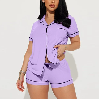 跨境睡衣女款夏翻领坑条舒适休闲短袖短裤两件套装家居服Pajamas