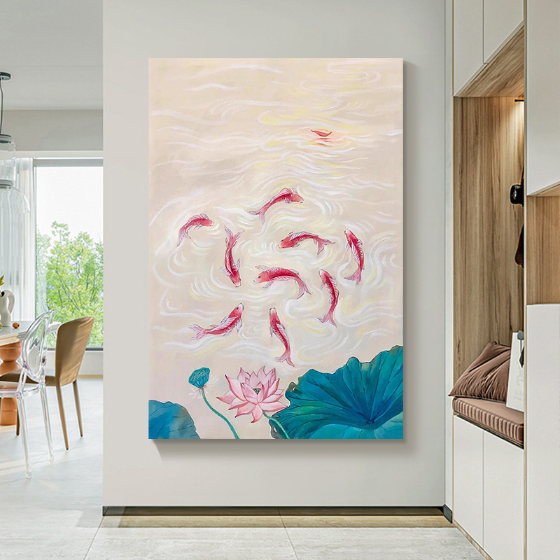 新中式玄关抽象锦鲤客厅装饰画蓝色海浪九鱼图装饰挂画寓意好壁画|undefined