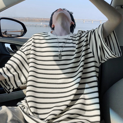 American Striped Short-Sleeve T-Shirt for Men - Summer Trend Brand, Retro Round Neck Clothing - Loose Youth Pure Cotton Half-Sleeve