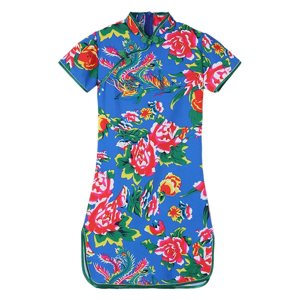 Children's large floral cheongsam-sapphire blue