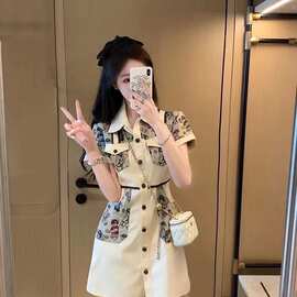 法式印花名媛小香风连衣裙女2025夏款小个子POLO修身a字裙潮
