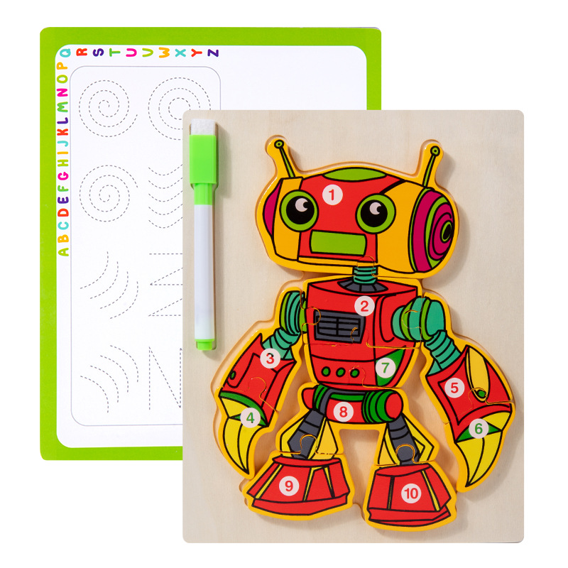 Juguetes de educación temprana de madera, rompecabezas de robots, tablero de dibujo, juguetes para niños, juguetes de rompecabezas de robots tridimensionales dos en uno