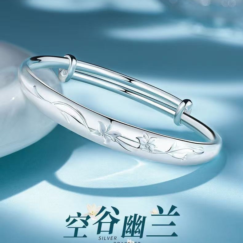 足银9999浮雕兰花银手镯女手环推拉手镯送妈妈女朋友情人节礼物|undefined