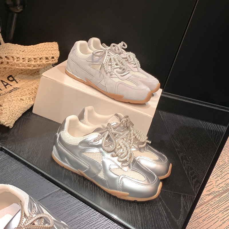 Cowhide Version of the Same Style, Pearl Lace Double-Lace Genuine Leather Height-Increasing Casual German-Style Training Shoes, Women's Summer Sneakers