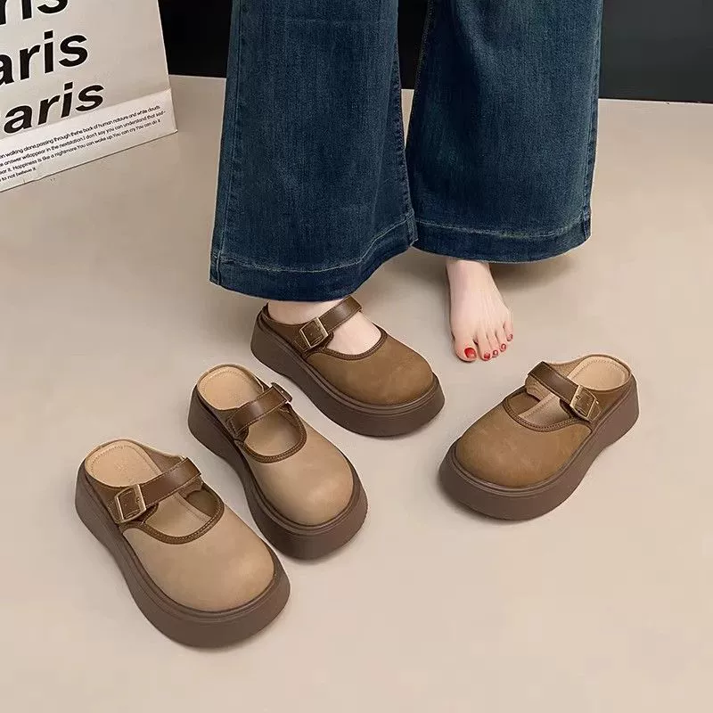 Обувь из толстой кожи Birkenstock для женщин, носок с закрытой носовой частью, полуботинки, для уличной носки, 2025 новая весна-осень, обувь без шнурков, босоножки Birkenstock пол-купе