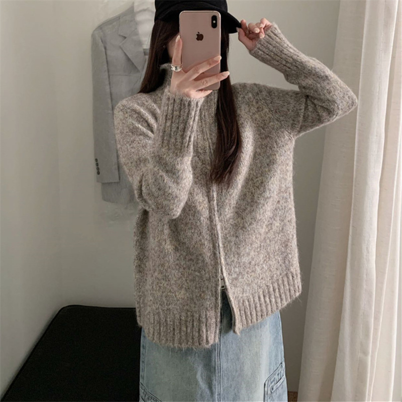 韩系花线双拉链毛衣外套女装秋冬新款宽松慵懒风软糯针织开衫上衣|undefined