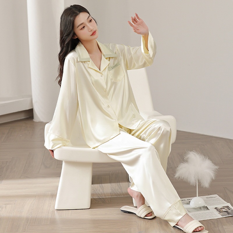 Physical Cross-Border Wholesale French-Style Ice Silk Pajamas Luxury Long-Sleeve Long-Pants Set Gift for Best Friends High-End Loungewear