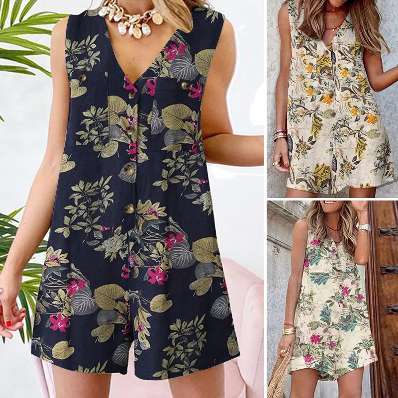 Women's Summer Hawaiian Vest Jumpsuit Casual Loose Floral Beach Shorts Bodysuit