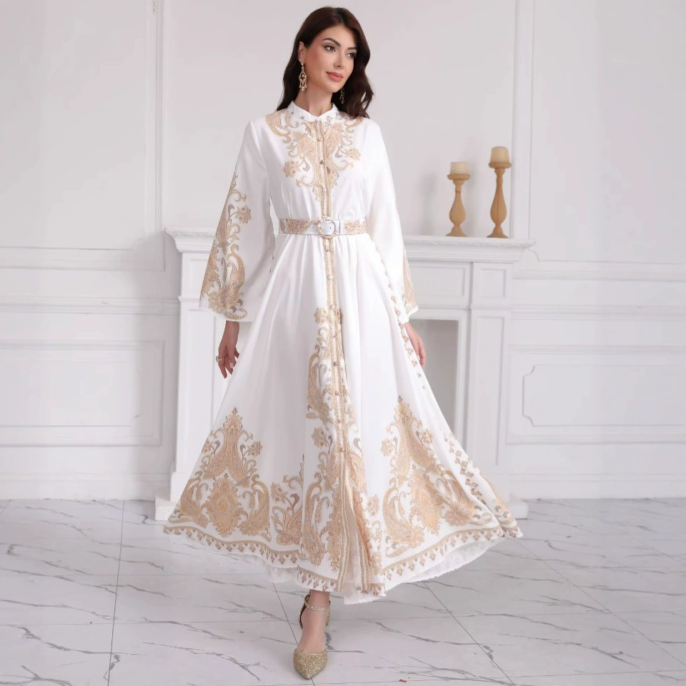 Европейская и американская весенне-осенняя мода. Элегантное женское новое мусульманское платье с золотым тиснением. Длинное облегающее платье в стиле Дубай.