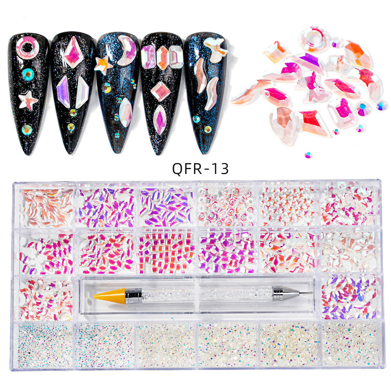 Transfronterizos 21 caja de diamante de agua de forma especial de fondo plano conjunto de joyería de uñas conjunto de pluma de puntuación de doble cabeza