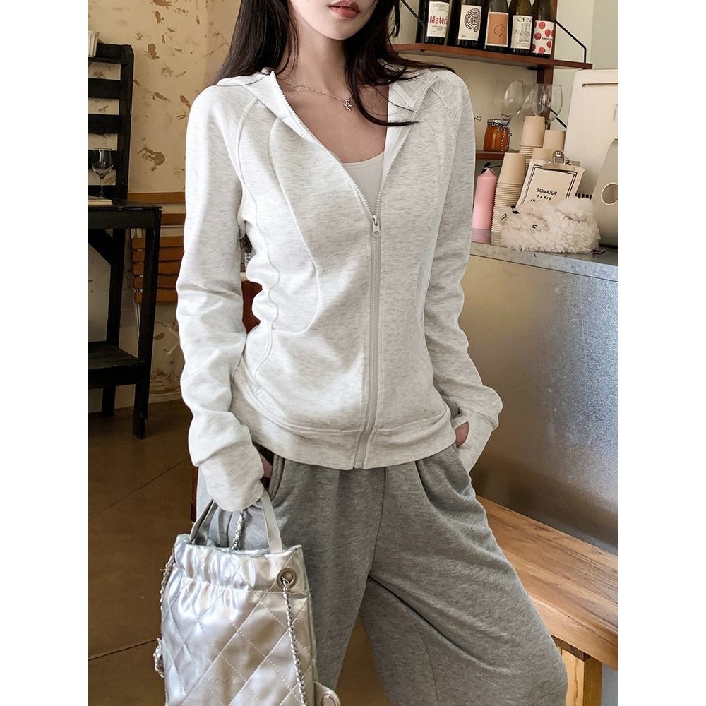 Women's grey hooded sweatshirt, Korean style, slim fit, long sleeves, slimming, waist-cinching, versatile, ready-made for export.