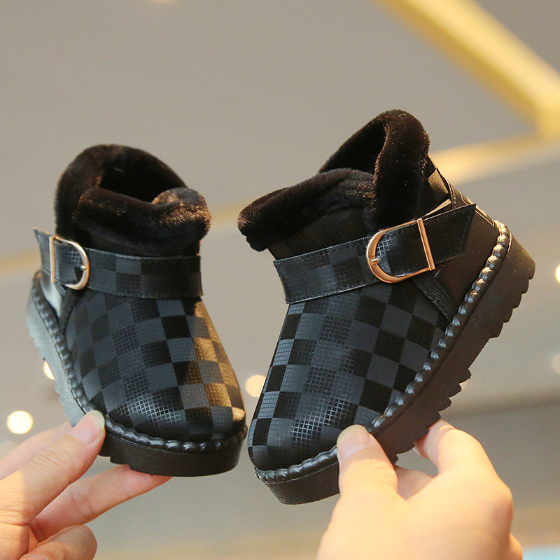 Trendy Girls' Versatile Chessboard Checkered Cotton Boots Winter New Boys' PU Waterproof Snow Boots Children's Plush_voghion.com