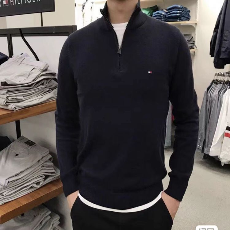 Spot Export Autumn and Winter Tommy Men's Casual Half-Zip Embroidered Turtleneck Pullover Knitwear 1