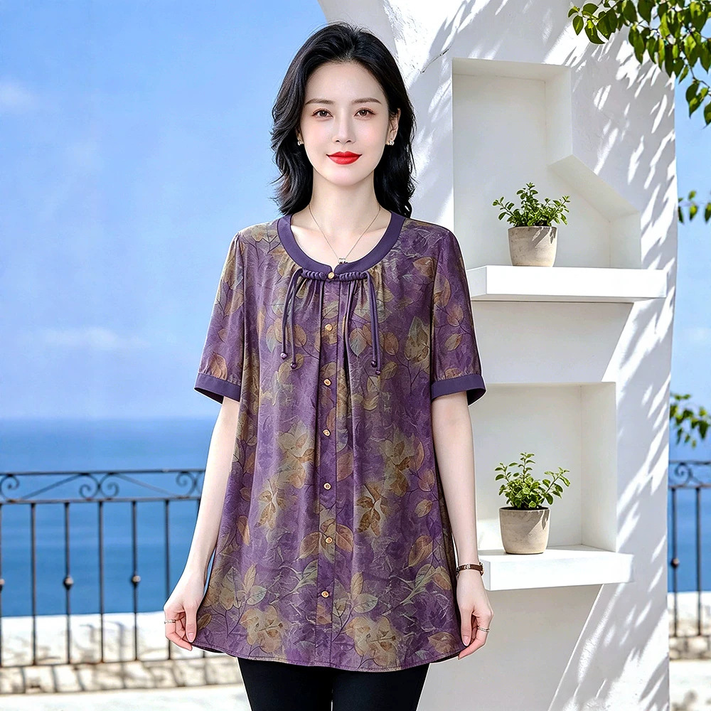 Summer mature and sophisticated floral print loose plus size short-sleeved chiffon blouse top with Chinese knot buttons, versatile for middle-aged women.