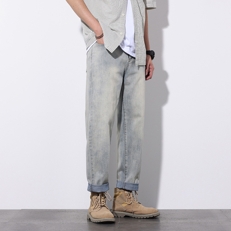 Men's summer new washed jeans, men's loose, simple and versatile elastic cropped pants_voghion.com