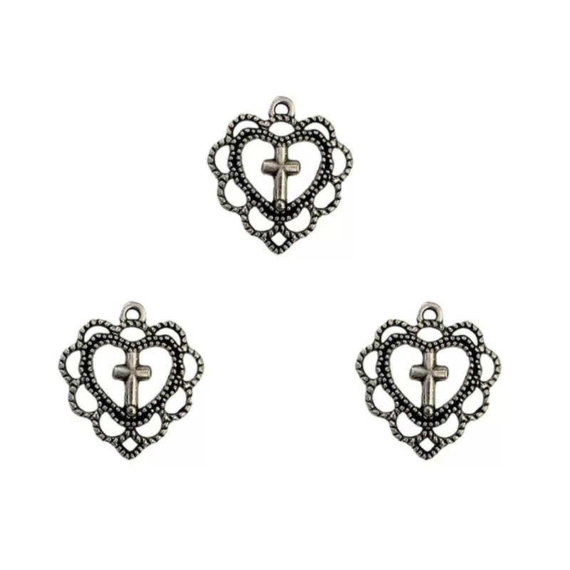 DIY 锌合金饰品配件甜酷暗黑镂空爱心十字架挂件项链手链耳环吊坠