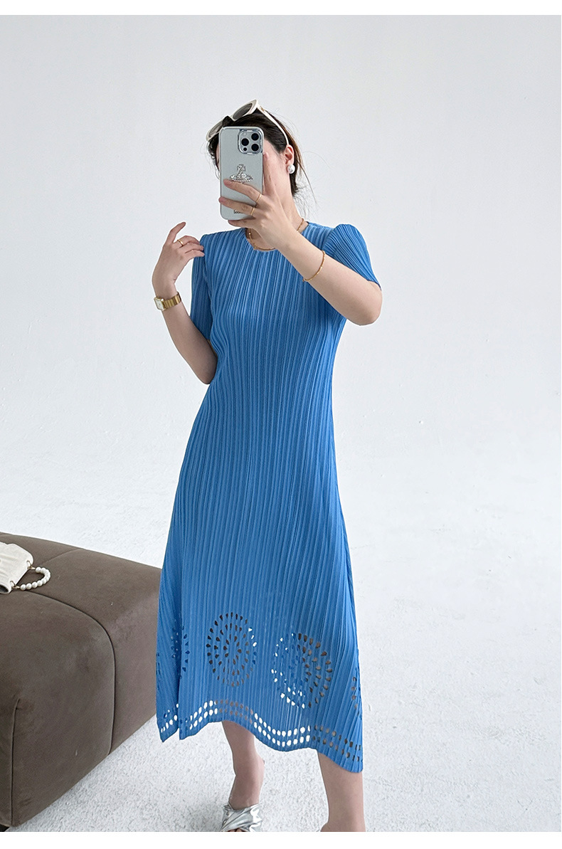 Váy maxi xếp ly đốt hoa tay ngắn phong cách Pháp — Màu xanh da trời chi tiết 9