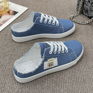 Half-drag breathable canvas shoes women's 2024 new summer small white shoes Korean fashion casual sports flat shoes