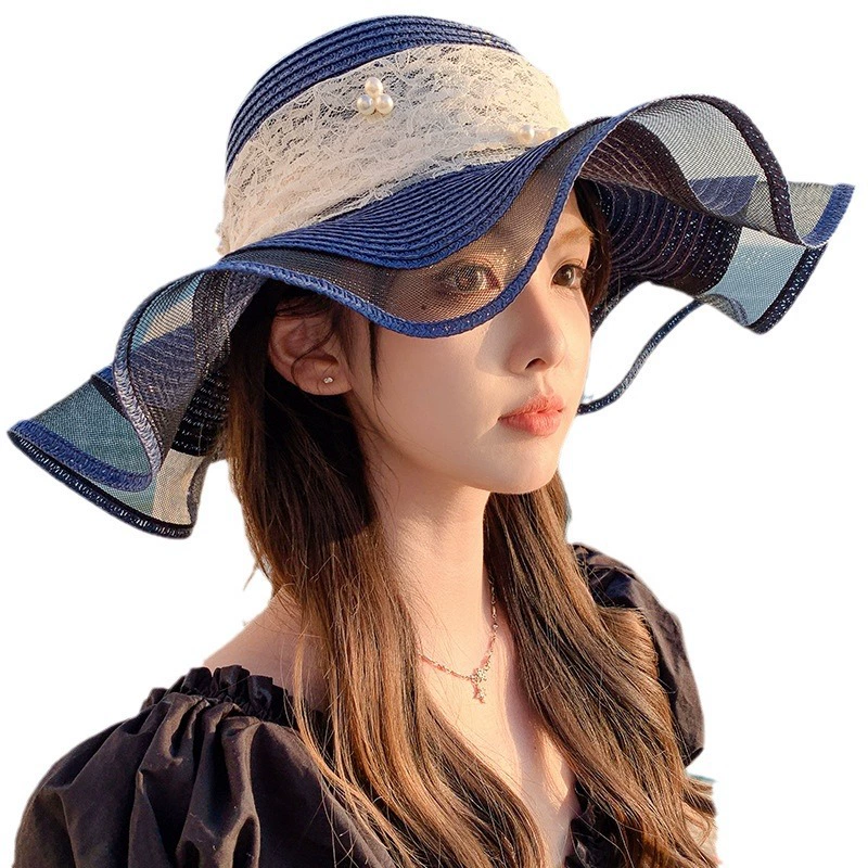 Wavy fresh cute big sun hat solar-powered with bow, wholesale
