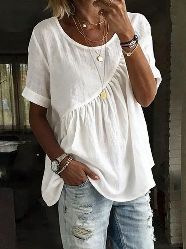 Women's Solid Color Ruffle Detail Short Sleeve T-Shirt round Neck Blouse Casual Outfit with Shirring_ecoleips.com