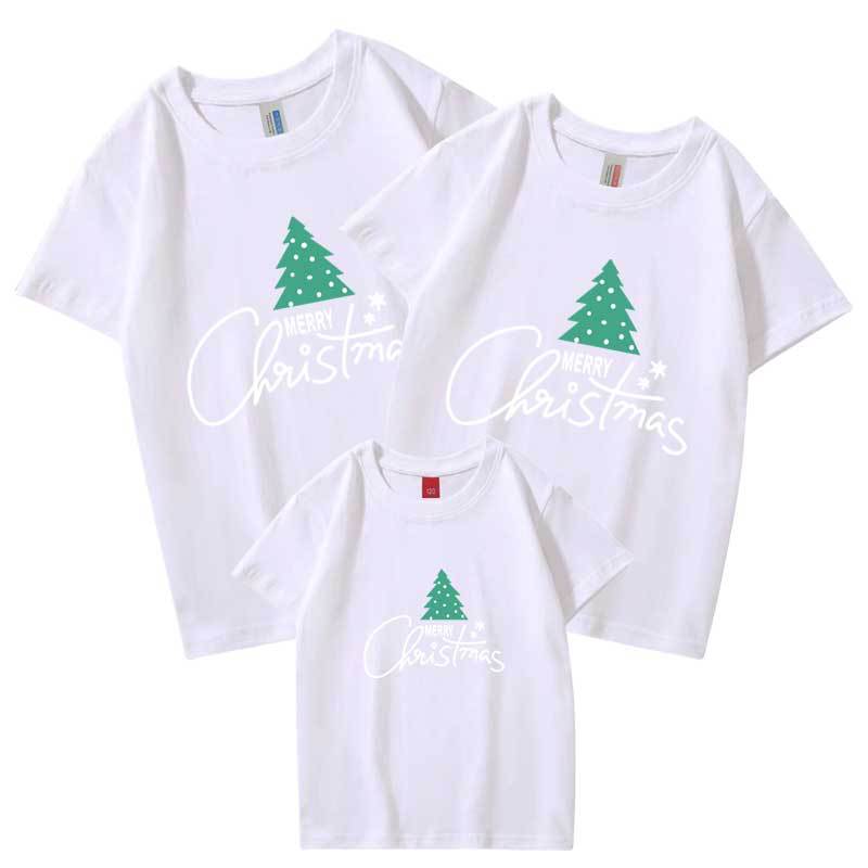 Árbol de Navidad Feliz Año Nuevo autoproducido y vendido algodón refinado ropa de padre-hijo ropa de niños de venta rápida manga corta cuello redondo Camiseta de los niños al por mayor