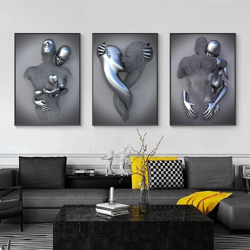 Scandinavian Home Decoration Canvas Painting Metal Character Statue Poster Hanging Painting Wall Frameless Painting Core Creative Metal