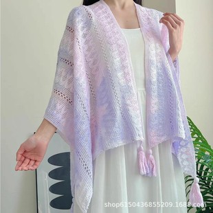 Tie-Dye Slit Sun Protection Outerwear for Tourist Attractions, Cross-Border Foreign Trade Women's Shawl, Hollow Knitted Spring, Autumn and Summer