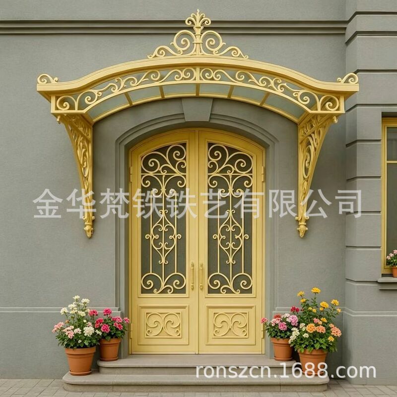 French-Style European Wrought Iron Entrance Door with Forged Craftsmanship, Vintage Coffee Color, Yellow, Green, Black, Gold-Painted Villa Main Door