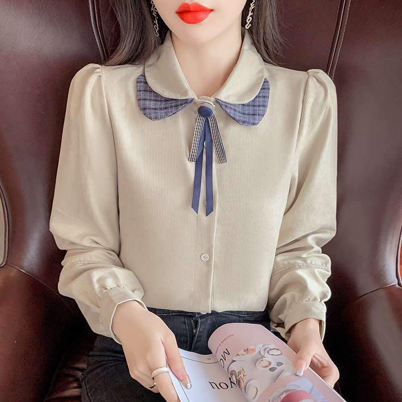 实拍现货2022春装新款娃娃领蝴蝶结衬衫女百搭洋气长袖衬衣上衣