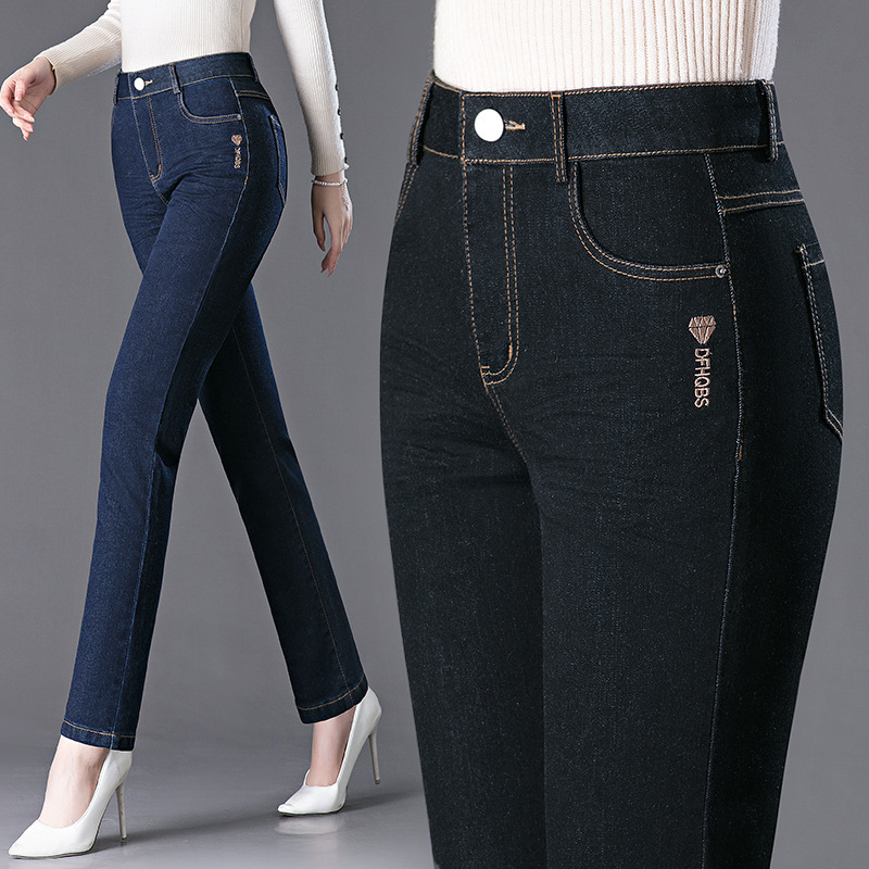 Middle-aged mom black jeans women's autumn new high waist straight pants stretch slim slimming versatile long pants