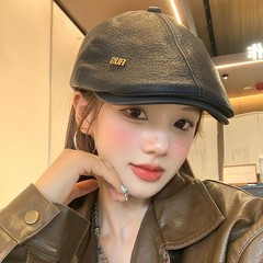 英伦风复古pu皮质黑色前进帽女文艺百搭报童帽显脸小反戴贝雷帽子