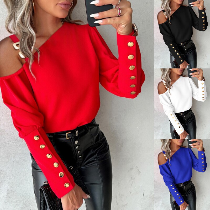 2023 Independent station wish Amazon popular autumn and winter solid color metal buckle shoulder collar button shirt shirt for women