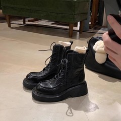 现货~葡萄妈同款 缩纹马皮时髦增高粗跟厚底系带侧拉链马丁短靴女