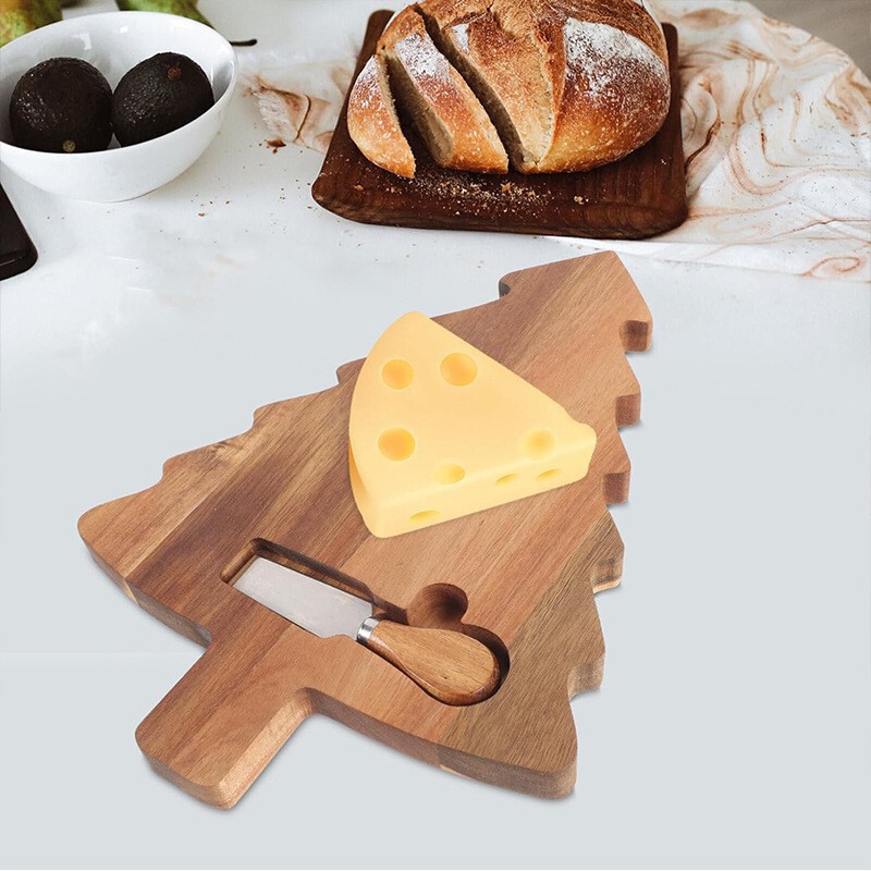新しいチーズボードセットアカシア木製クリスマスツリー型まな板ナイフとフォーク付き木製チーズまな板朝食プレート|undefined
