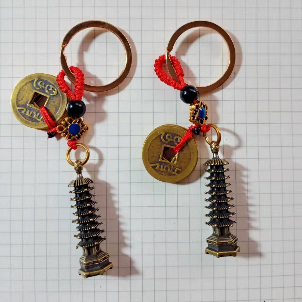 Puesto de venta caliente en lugares escénicos Cinco emperadores dinero latón llavero de coche calabaza de cobre joyería colgante regalo de evento