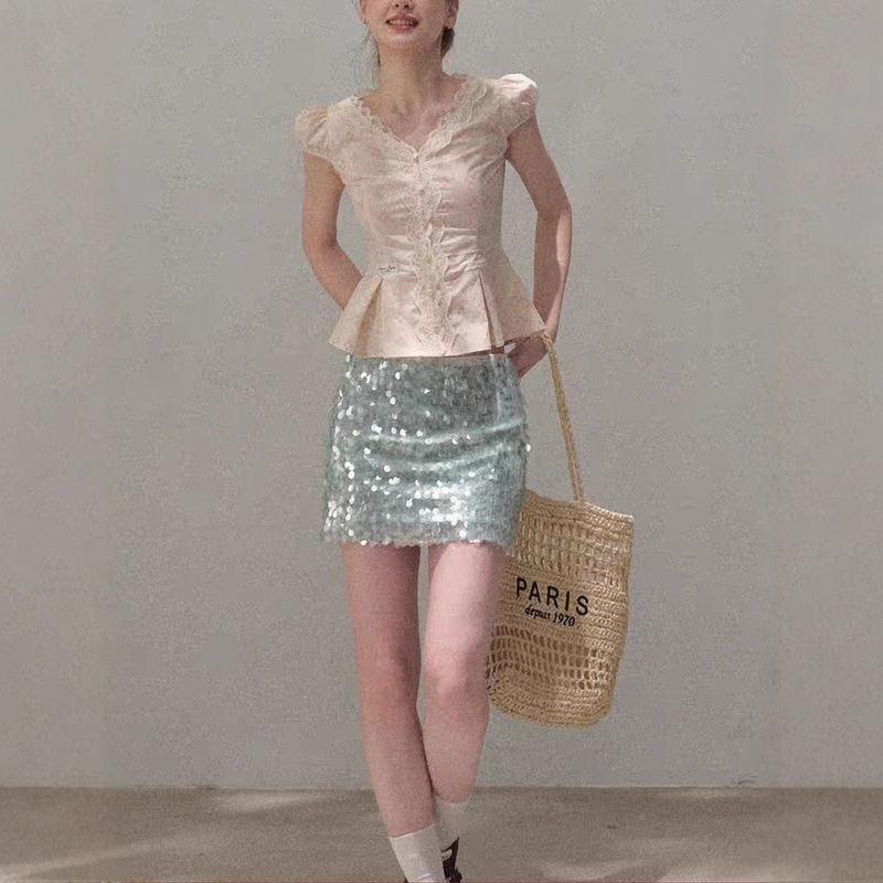 Cotton Lace V Neck Girly Waist Slimming Look Slim Design Shirt Top