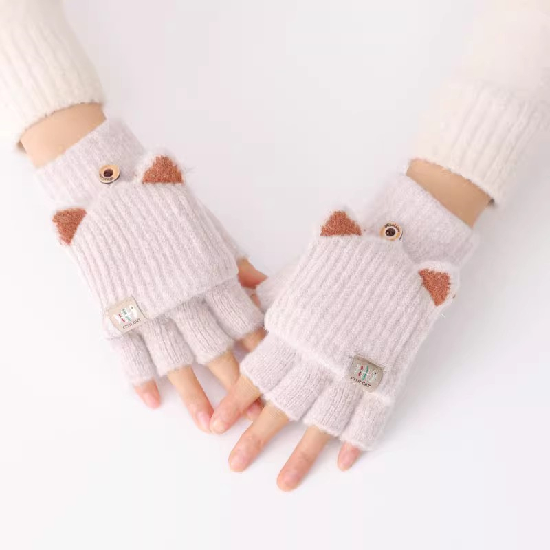 露指カバー手袋女性冬保温学生児童かわいいinsニット毛糸半指タッチできる冬|undefined