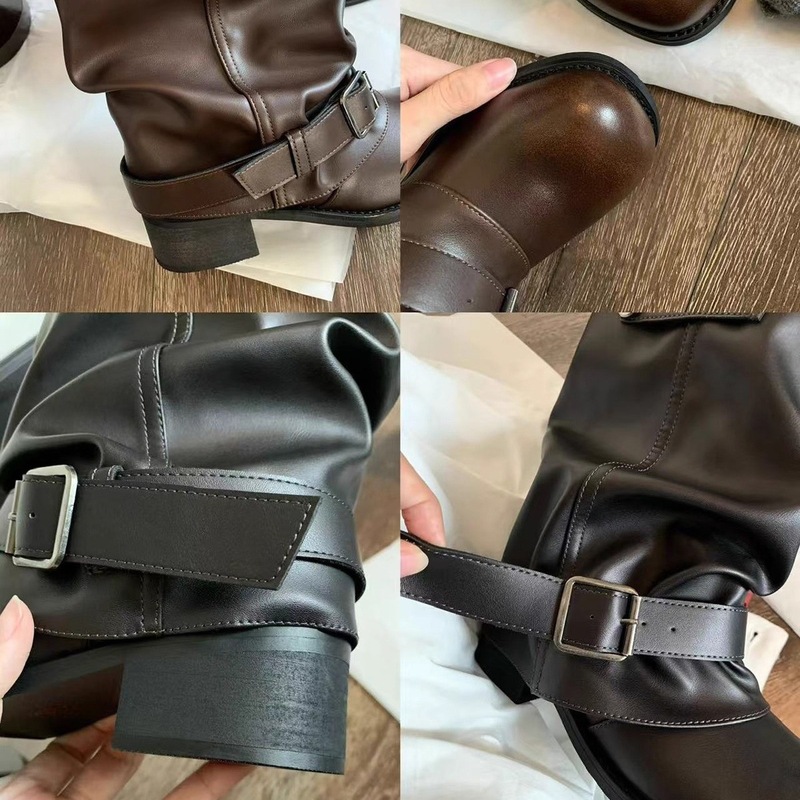 牛皮版葡萄妈同款辣妹裤管靴子时髦废土风褶皱扣带西部牛仔靴短靴|undefined