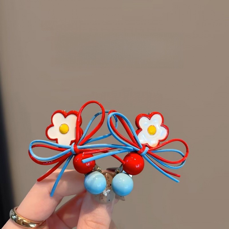 Korean Dongdaemun Sweet Red And Blue Color-Block Flower Bow Bangs Clip For Girls Tie Hairpin Hair Accessory_voghion.com