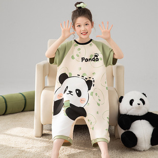 Children's One-Piece Pajamas for Baby Girls Summer Pure Cotton for Middle-Aged and Older Girls Panda Cartoon 2025 New Home Clothes